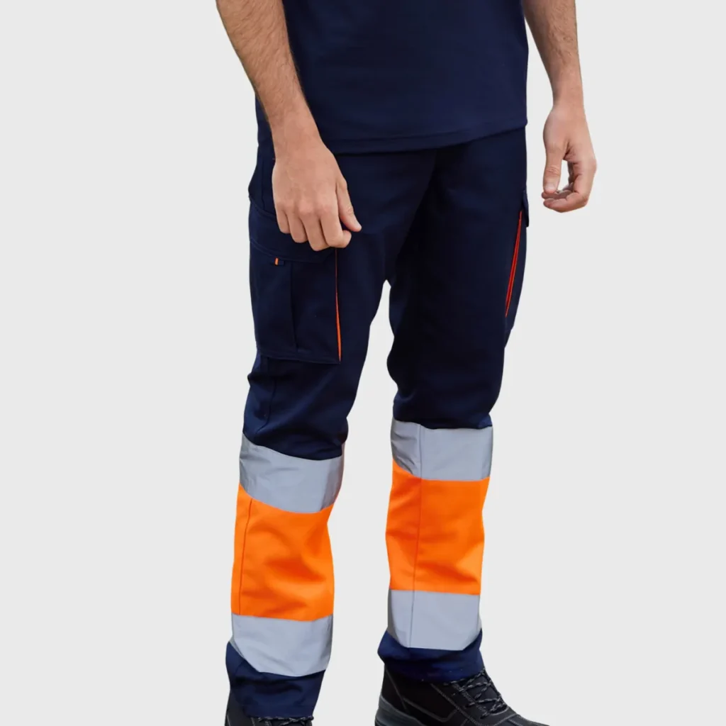 Pantalon bicolore multipoches haute visibilité 240 g/m² — VELILLA - coloris Navy/Fluo Orange