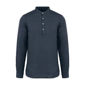 Chemise col mao en lin délavé homme — Spasso SP507 - Washed Navy Blue