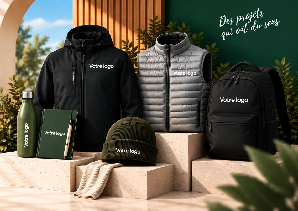 Textiles et objets personnalisés Koaprint : softshell, doudoune, bonnet, sac à dos, gourde et carnet avec votre logo